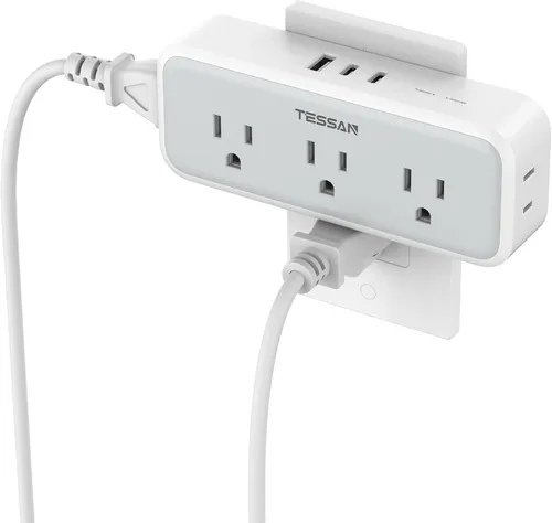Vista 9 de TESSAN - Extensor de enchufe múltiple, divisor de enchufe de pared con protector de sobrecarga y 5 expandidores de salida eléctrica, adaptador