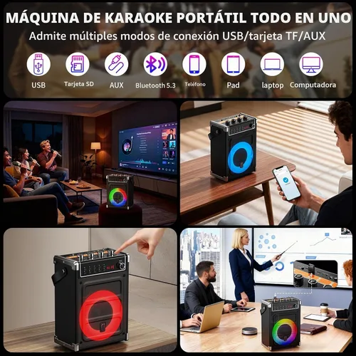 Vista 7 de JYX - Máquina de karaoke con 2 micrófonos inalámbricos, altavoz Bluetooth portátil con ajuste de graves/agudos y luz LED, compatible con TWS