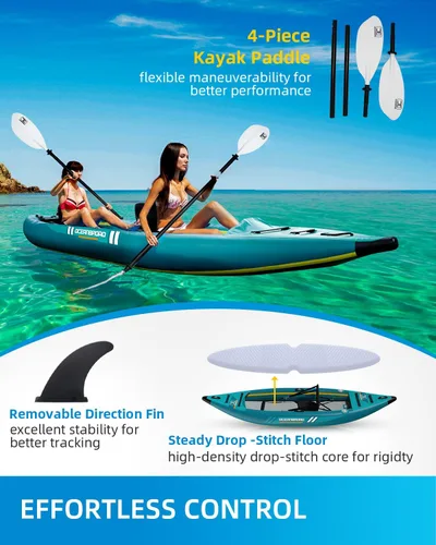 Vista 6 de OCEANBROAD Kayak Inflable Sit-in (SIN HIN), Kayak Inflable para 1 Persona/2 Personas para Adultos con Remo, Asiento de Kayak, Pedal, Bomba de Mano