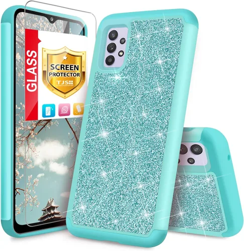 Vista 10 de TJS - Funda compatible con Samsung Galaxy A32 5G (oro rosa) with Tempered Glass Screen Protector Glitter Bling Cute Girls Women Design Dual Layer