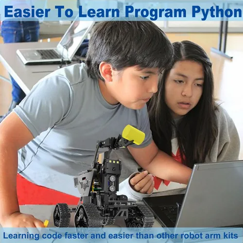 Vista 2 de Kit de carro robot BLONWINER, juguete de construcción de brazo robótico inteligente 2 en 1 para codificación Python en Raspberry Pi, kits de tanque