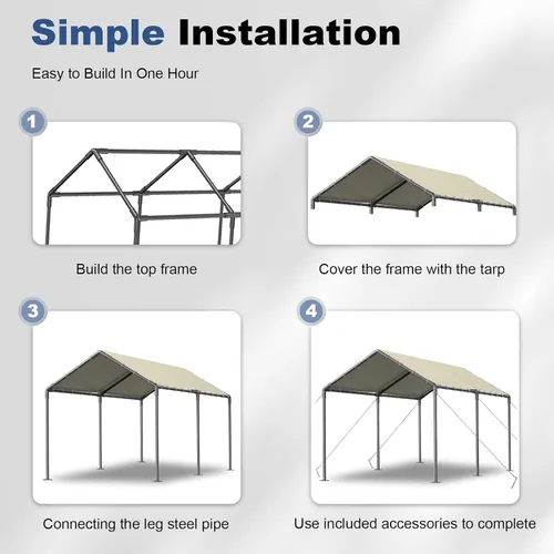 Vista 6 de Grezone Cochera resistente de 10 x 20 pies, garaje portátil para auto, resistente a los rayos UV, para automóvil, camión, barco, automóvil (beige)