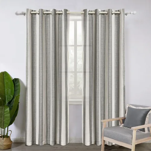 Vista 87 de DriftAway Cortinas de estilo granja con rayas verticales de lino mezclado texturizado con filtro de luz semitransparente para sala de estar