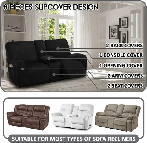 Vista 2 de ULTICOR Funda para Sofá de Dos Plazas Reclinable con Consola del Medio, Fundas de Sofá Reclinable de Terciopelo Elástico de 8 Piezas, Gruesas, Negro