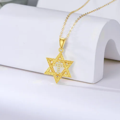 Vista 3 de Blocaci Collares con dije de estrella de David de oro de 14 quilates para mujer, collar con dije de cruz de David con cruz de mal de ojo