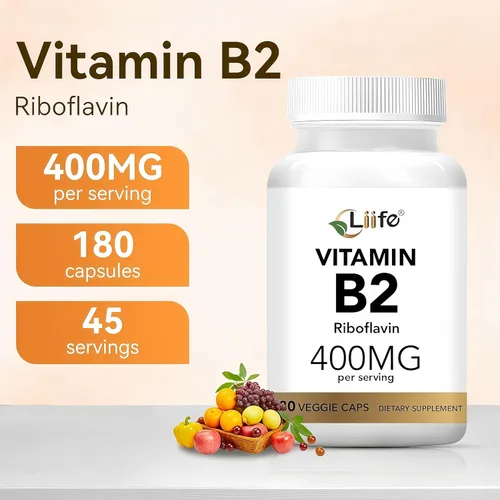 Vista 4 de LIIFE Vitamina B2-400 mg, riboflavina de alta potencia, apoya el alivio de la migraña, metabolismo energético, salud bucal y de piel, 180 cápsulas