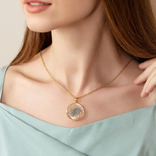 Vista 29 de Forget-Me-Not and Queen Anne's Lace Pressed Wildflower Necklace Birth Month Real Flower Necklace Gold/Silver Pressed Flower Jewelry
