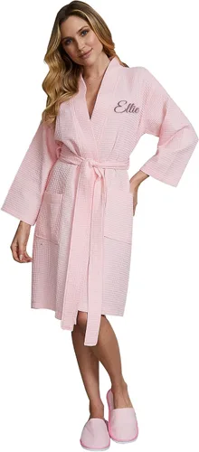 Vista 15 de Lotus Linen Women’s Lightweight Waffle Spa Robes – Soft Cotton Knee Length Bathrobe, Personalized Bridesmaids Robe Negro