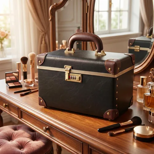 Vista 7 de urecity Estuche de maquillaje vintage de piel artificial, organizador profesional de cosméticos con cerradura de combinación de metal, caja