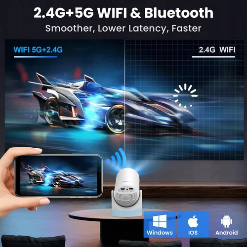Vista 5 de Mini Proyector Soporta 4k, Wifi, Bluetooth, y Rotación de 180 Grados Altavoz Integrado Se Conecta a Teléfono iPhone/Android/TV Stick, Proyector