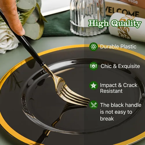 Vista 4 de N9R Juego de cubiertos de plástico dorado - 90 piezas con mango negro - Cubiertos de plástico elegantes, resistentes - 30 cucharas, 30 tenedores, 30