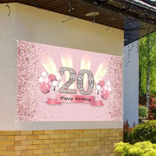 Vista 3 de Decoraciones de 20 cumpleaños para mujeres, póster de tela para fiesta de aniversario de 20 años, fondo de foto rosa, suministros de fiesta