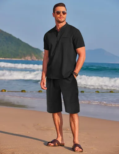 Vista 3 de COOFANDY Conjunto de 2 piezas de lino para hombre, camiseta Henley de manga corta y pantalones cortos de verano para la playa y yoga, Negro