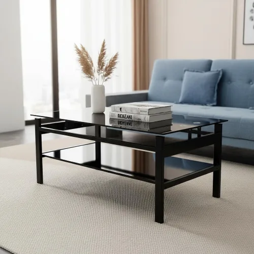 Vista 9 de Mesa de centro negra elevable, moderna mesa central pequeña de vidrio templado de 2 capas con almacenamiento, mesa auxiliar ajustable de 37.8