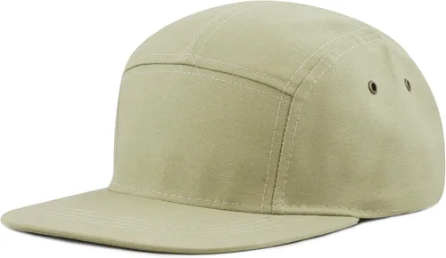 Vista 2 de The Hat Depot Hecho en Estados Unidos de sarga de algodón de 5 paneles de ala plana de cuero genuino de latón