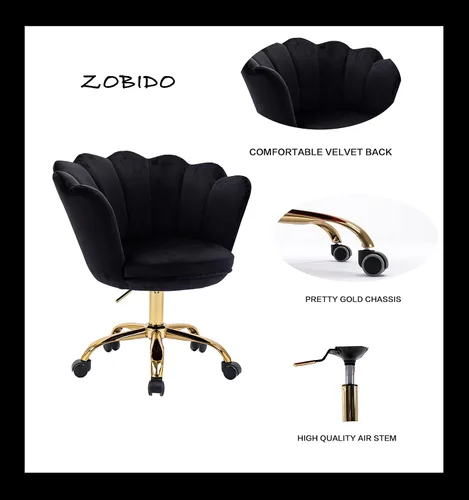 Vista 5 de Cómoda silla de trabajo para oficina en casa con ruedas, bonita y moderna tapizada de terciopelo con respaldo de concha, silla de escritorio Negro
