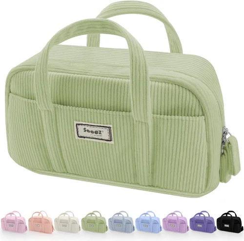 Vista 16 de Sooez Estuche grande para lápices, extra grande con 5 compartimentos, bolsa para bolígrafos de amplia apertura, organizador de pana suave con Beige