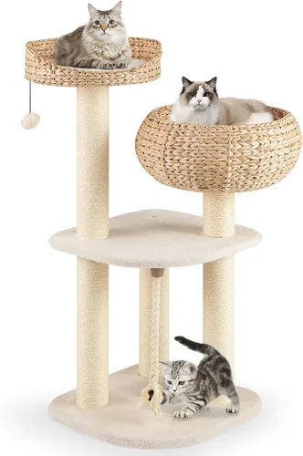 Vista 12 de Tangkula Árbol para gatos moderno, torre para gatos pequeña con poste de rascar de sisal natural, condominio para gatos de mimbre hecho a mano
