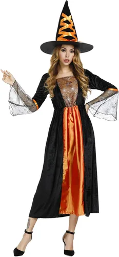 Vista 3 de Haorugut Disfraz de bruja para mujer, disfraz de bruja malvada, vestido de bruja