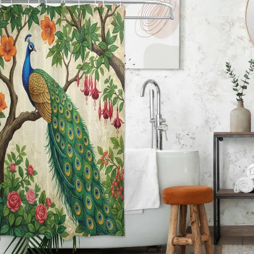 Vista 12 de MNSRUU Fabric Shower Curtain, Flowers and Butterflies Pink Waterproof Polyester Curtains with Hooks for Home Bathroom Decorative