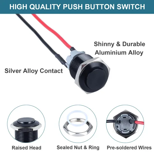 Vista 3 de 2 unids 0.748 in pestillo metal interruptor de botón de cabeza redonda alta carcasa de aluminio con cable pre-soldado 3/4 "agujero de montaje 1NO