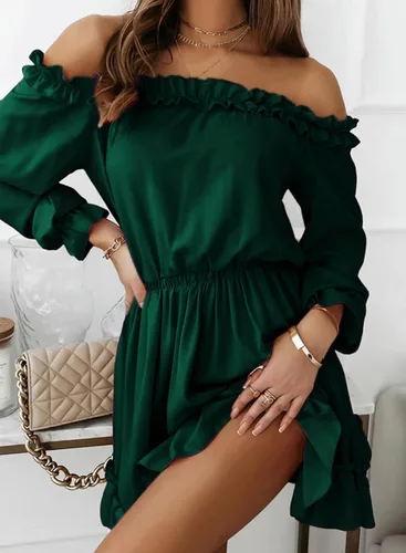 Vista 3 de Dokotoo Vestido de primavera 2024 con volantes y hombros descubiertos para mujer, manga larga, cintura elástica, acampanado, casual, mini vestidos