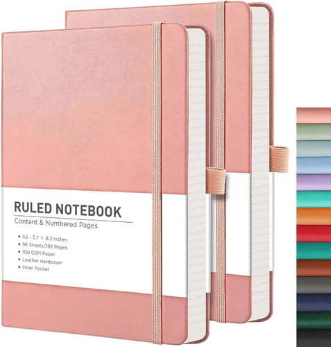 Vista 74 de RETTACY Lined Journal Notebook, 192 Numbered Pages per Pack, 5.7'' x 8.3'' 2-Pack, Leather Hardcover, 100 GSM Thick Paper, for Men & Women, Negro