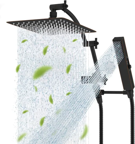 Vista 16 de Hibbent Cabezal de ducha de lluvia de 8 pulgadas de metal completo Certificado CUPC, Combo de cabezal de ducha doble, varita de ducha manual de alta