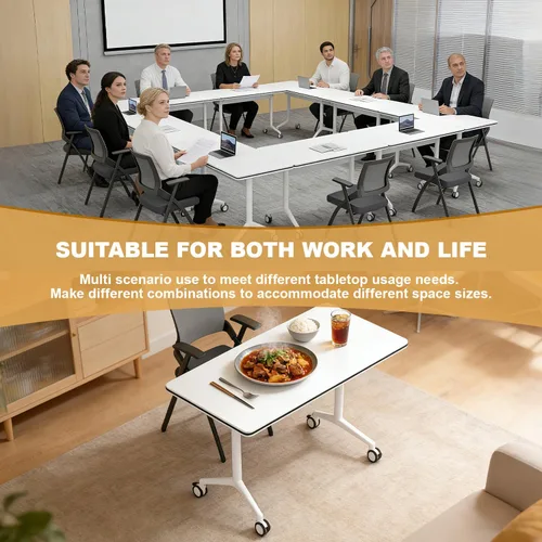 Vista 5 de Mesa de conferencias con tapa abatible, mesa modular plegable para sala de conferencias con ruedas, mesa de sala de reuniones con ruedas, moderna
