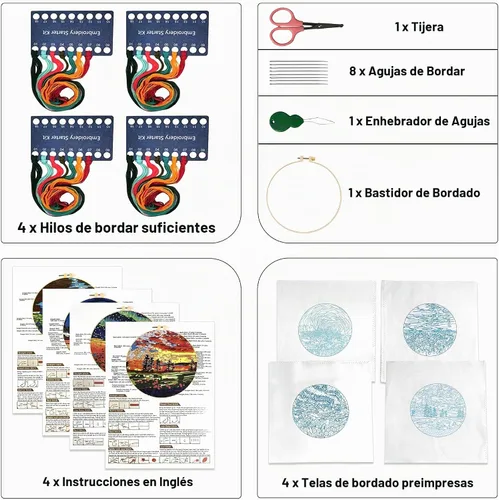 Vista 5 de Maydear Paquete de 4 kits de inicio de bordado con patrón, kits de punto de cruz estampados para principiantes y adultos con aro de bordado e