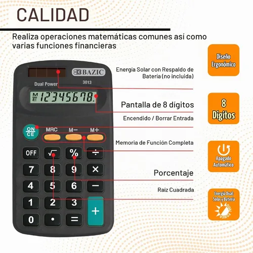 Vista 3 de BAZIC Products Calculadora de bolsillo de 8 dígitos, color negro