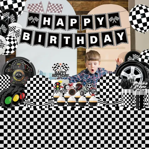 Vista 4 de Juego de vajilla de 187 piezas para decoración de fiesta de cumpleaños de coche de carreras, incluye platos de fiesta de autos de carreras