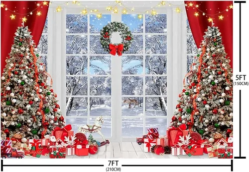 Vista 5 de AIBIIN Telón de fondo de Navidad de invierno de 7 x 5 pies, para fotografía, árbol de Navidad, regalo de Feliz Navidad, pancarta del país