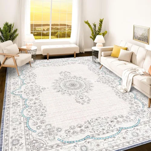 Vista 58 de Istana Alfombra larga antideslizante de 2.5 x 8 para el hogar, para pasillo y cocina, lavable, sedosa y suave al tacto, elegante, color azul y marfil