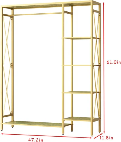 Vista 6 de TIEOU Estantes de ropa dorados modernos independientes, estante de ropa dorado con estantes para boutiques, estante de ropa resistente para colgar