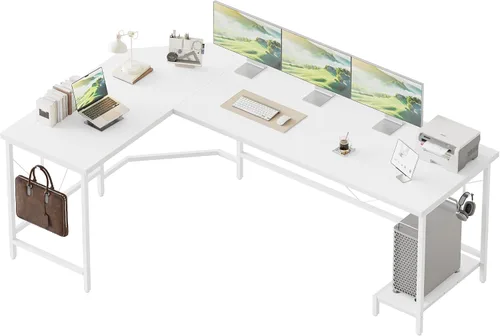 Vista 35 de Mericonia Escritorio para computadora en forma de L con tomas de corriente, escritorio para juegos reversible con estantes de almacenamiento y Marrón