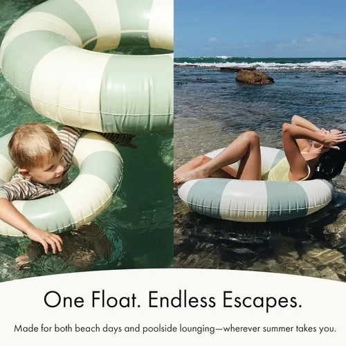 Vista 4 de Petites Pommes Flotador de piscina a rayas para niños y niños pequeños, tubo interior duradero, diseño de rayas clásico impreso a mano, dona