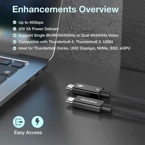 Vista 2 de Cable Thunderbolt 4 de 40 Gbps [3.3 pies 3.3 ft] trenzado, carga PD, transferencia de datos de alta velocidad y 8K a 60Hz 4K a 144Hz, USB C