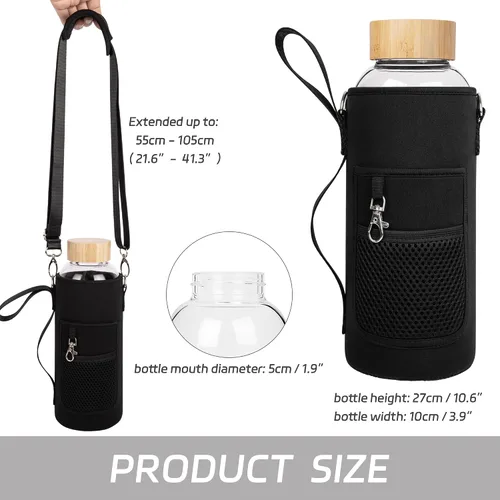 Vista 3 de Botella de agua de vidrio de borosilicato para deportes de 48 onzas, con tapa de bambú y funda de neopreno