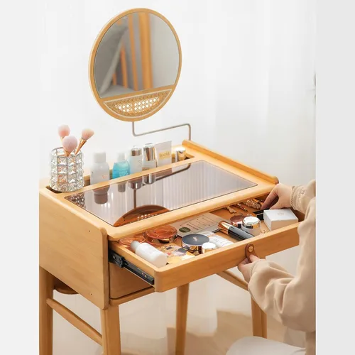 Vista 4 de Escritorio de maquillaje para dormitorio con espejo, tocador con 2 cajones, escritorio de tocador con silla de tocador, juego de tocador