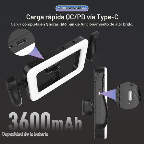 Vista 8 de Aparato de luz de anillo LED para smartphone de mano con control remoto Bluetooth de 20m, mango ergonómico, estabilizador ajustable de 2900K-7000K