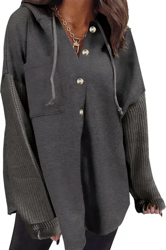 Vista 11 de SHEWIN - Sudadera de gran tamaño para mujer, de ajuste holgado, casual, manga larga, con botones, con capucha y bolsillos a gris