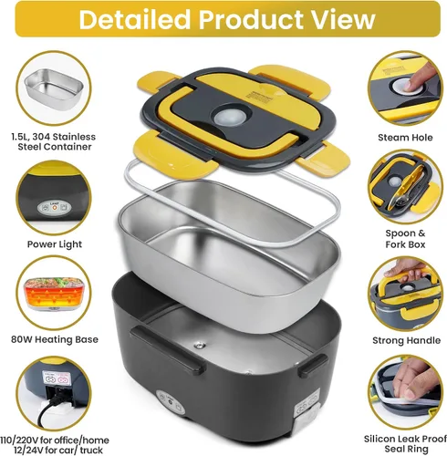 Vista 5 de Fiambrera eléctrica de 80 W para adultos – Lonchera térmica y calentador de alimentos portátil con recipiente de acero inoxidable de 1.5 L Gris