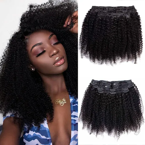 Vista 11 de Cabello humano rizado, brasileño 100% virgen, sin procesar, mechones con broche frontal, extensiones de pelo/extensión de cola de caballo, paquete