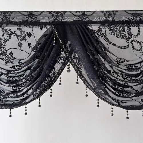Vista 2 de Cenefa de encaje transparente negro bordado floral, 1 unidad, 39