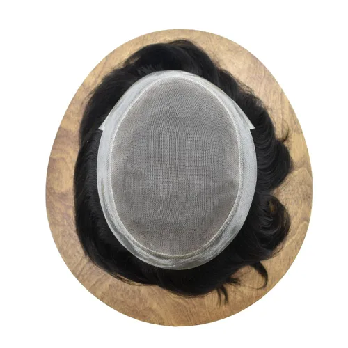 Vista 4 de Toupee - Pieza de pelo para hombre, con revestimiento de poliéster fino, pelo humano real, tupé, 100% atado a mano, sistema de reemplazo de cabello