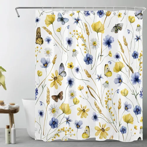 Vista 7 de EOBTAIN Nature - Cortina de ducha con flores silvestres para baño, cortina de ducha amarilla floral y mariposa sobre negro, con 10 ganchos, juego