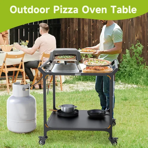 Vista 7 de NUUK Carrito de parrilla de 32" x 32" pulgadas, mesa de horno de pizza de acero inoxidable con doble estante rodante, isla de cocina, estación