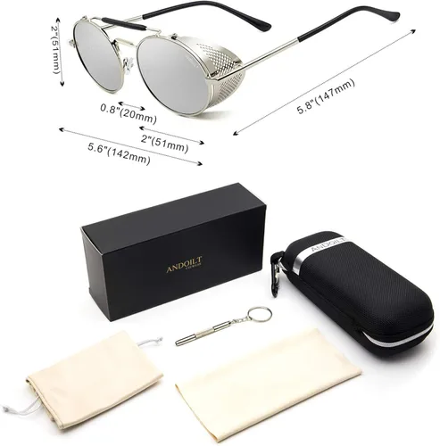 Vista 6 de ANDOILT Gafas de sol redondas estilo steampunk para hombres y mujeres gafas vintage retro marco matel protección UV400