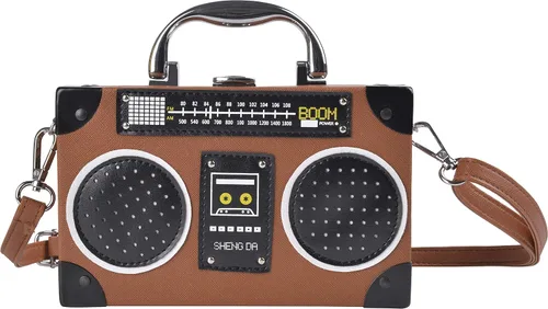 Vista 8 de QZUnique Bolso de hombro en forma de cinta con grabador de radio PU Crossbody bolso de noche retro para mujer, bolso de mano